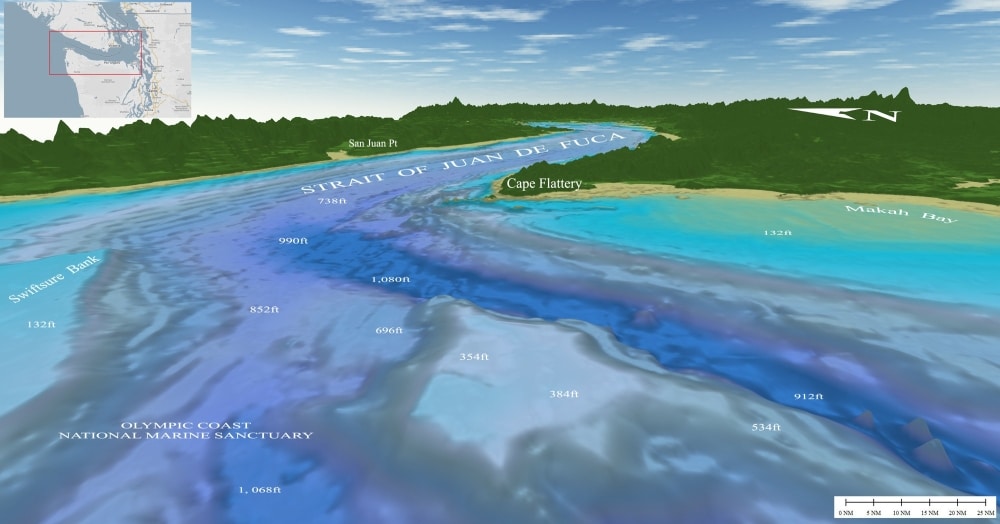 3D contour map of the Strait of Juan de Fuca