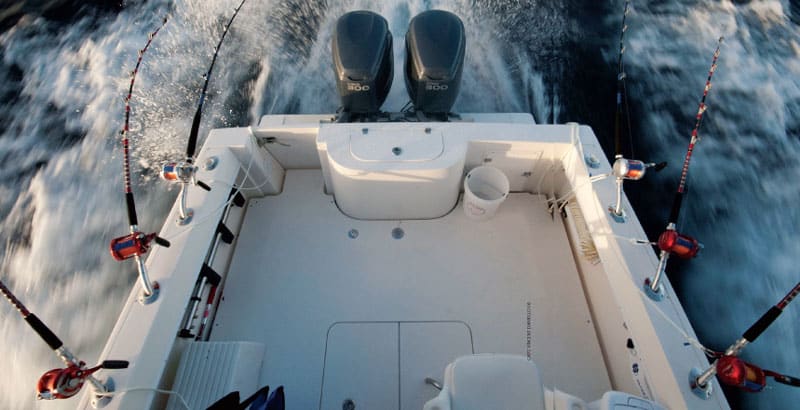 Deep sea fishing boat trolling spread off boat cockpit