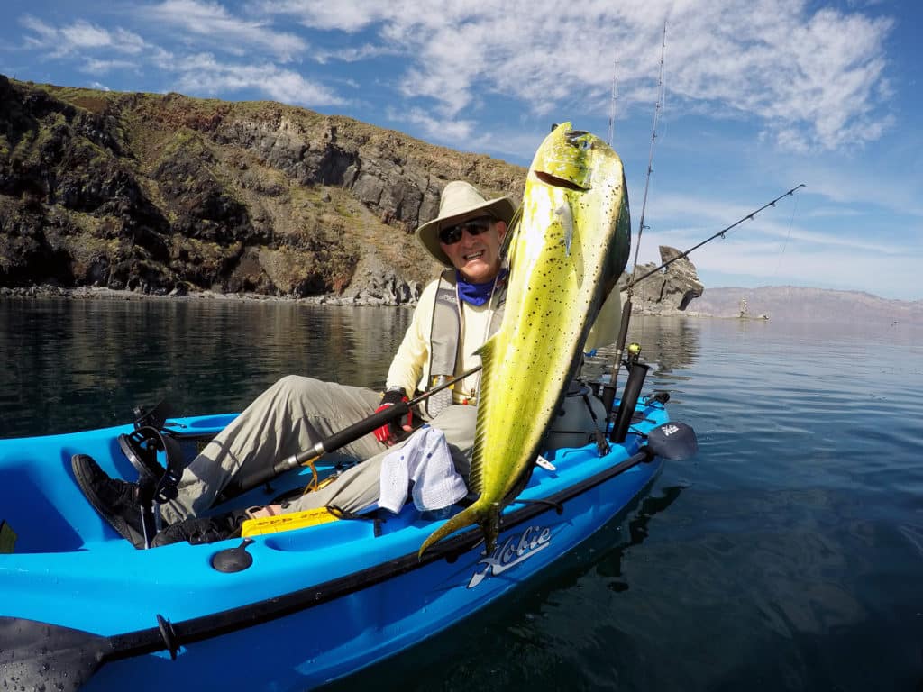 Fisherman holding mahimahi dolphinfish in a fishing kayak