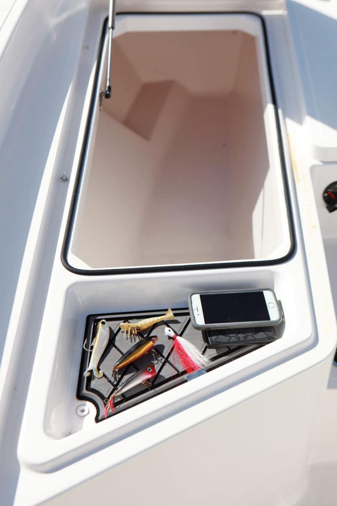 Catch-all shelf and dry storage aboard Wellcraft's 221 Fisherman