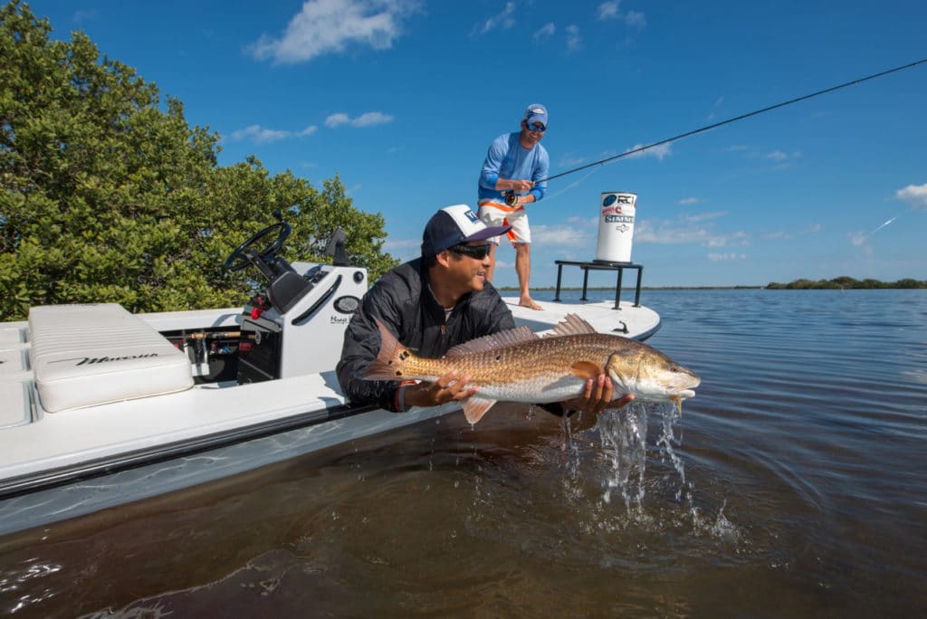 Anglers releasing a redfish