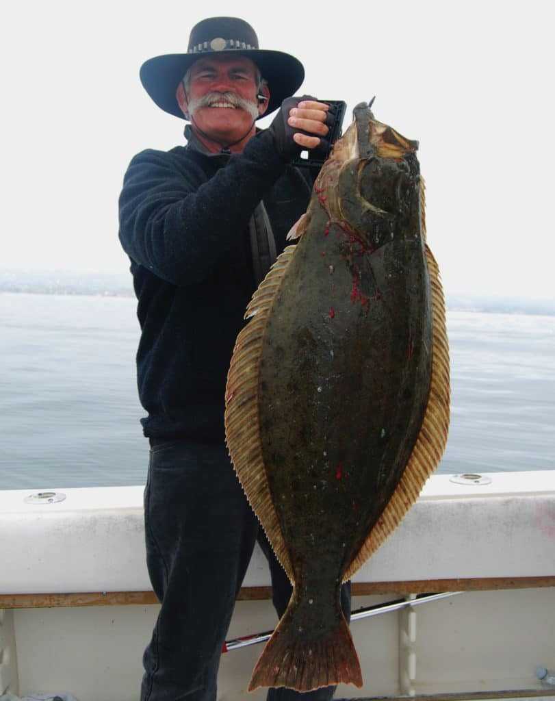 Large halibut held up by angler