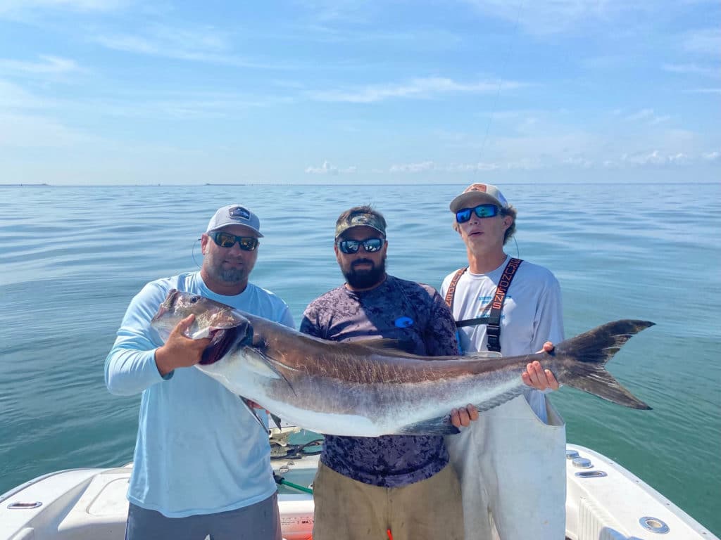 Anglers holding up cobia