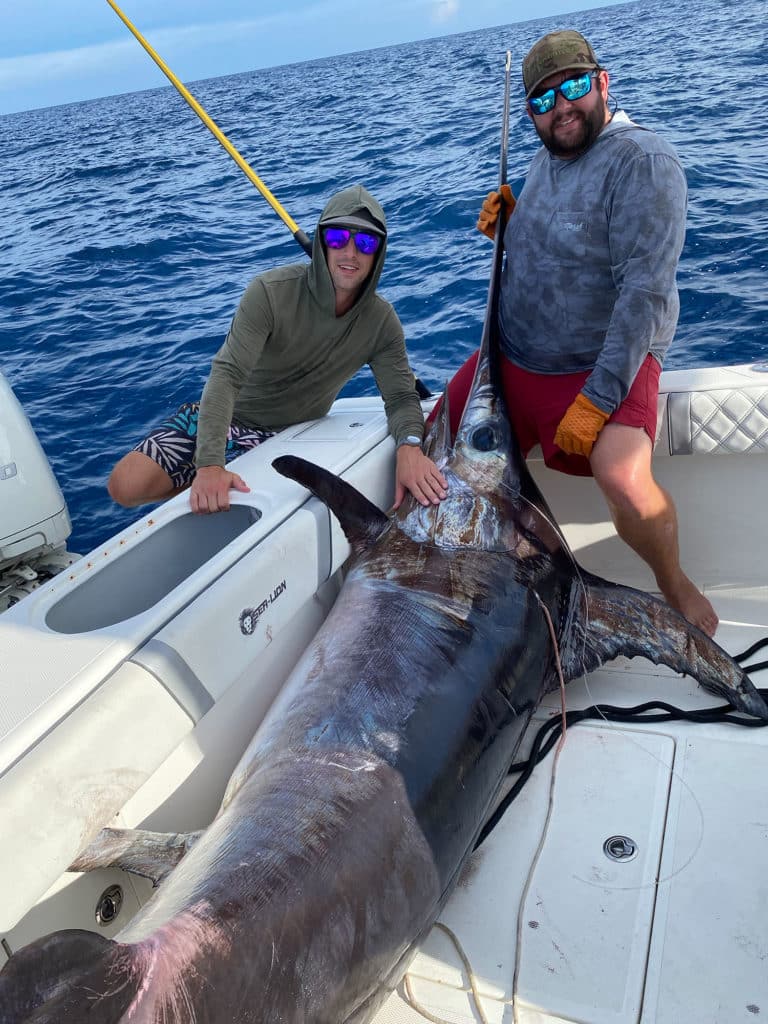 Huge swordfish in the boat