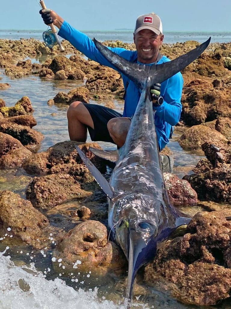 swordfish caught from shore while fly fishing