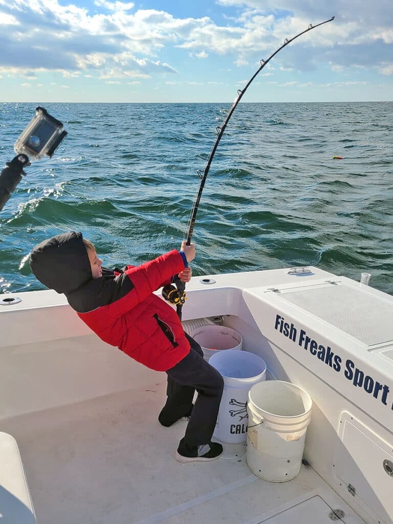 Hooked up to a striped bass