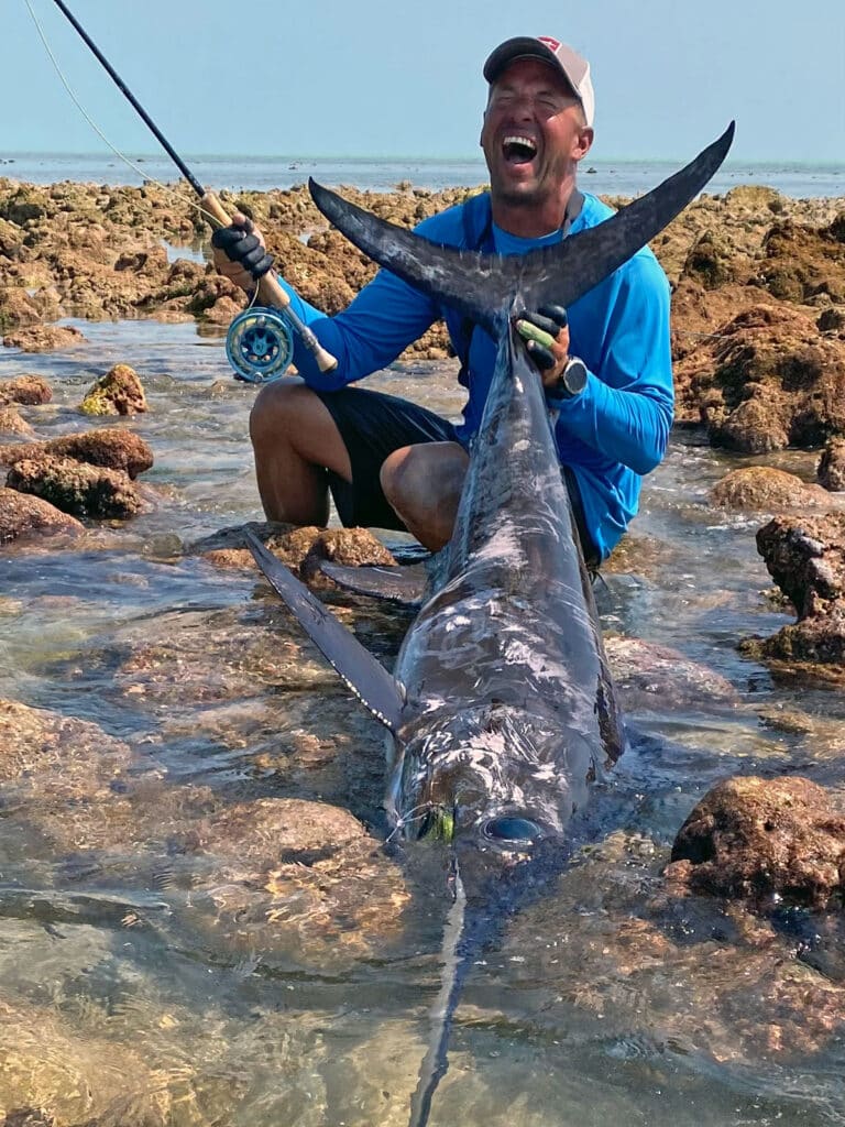 swordfish caught on fly fishing tackle from shore