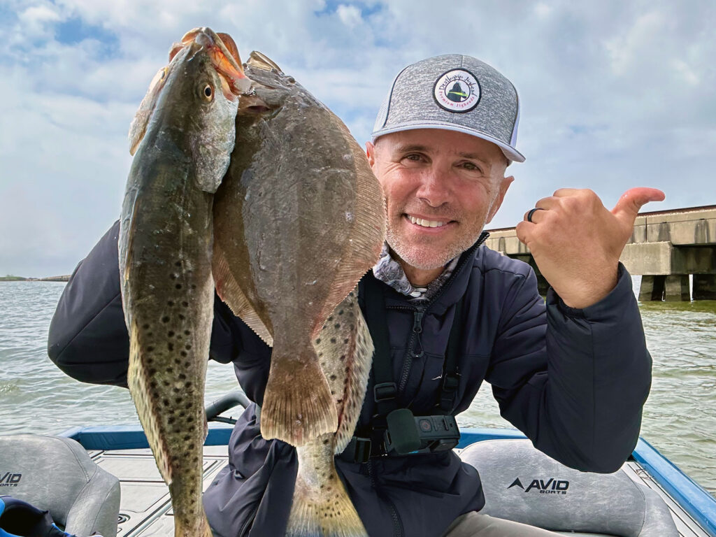 redfish and flounder caught near bridge pilings