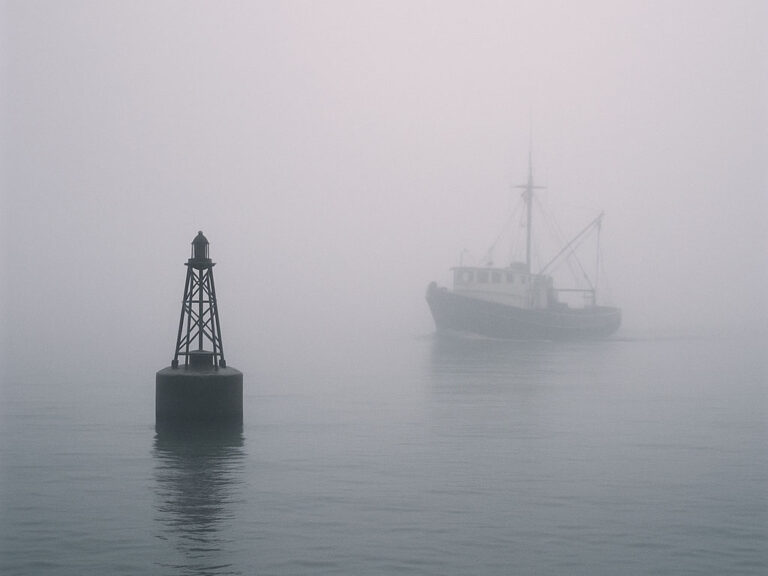 Boat near buoy in the fog