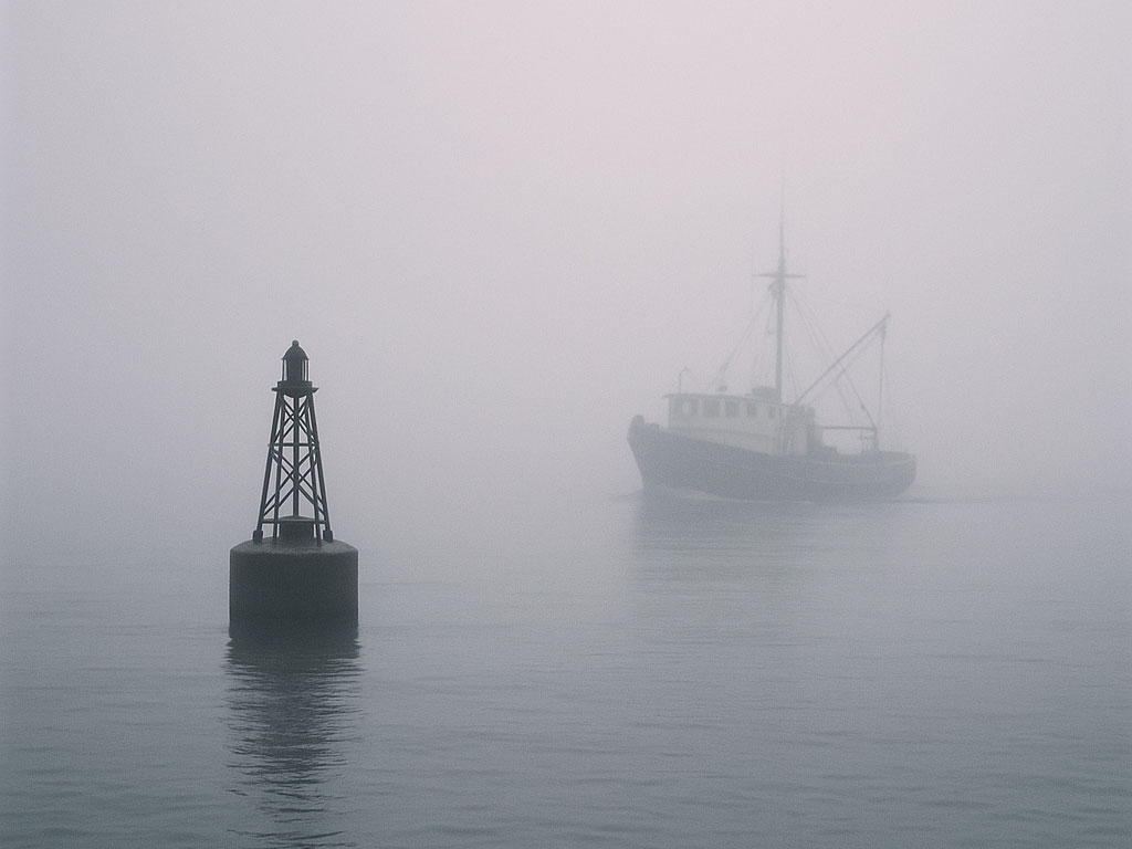 Boat near buoy in the fog