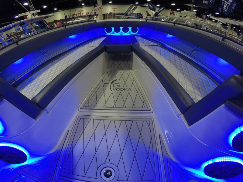 World's Most Expensive Center Console Fishing Boat — bow/foredeck with table down