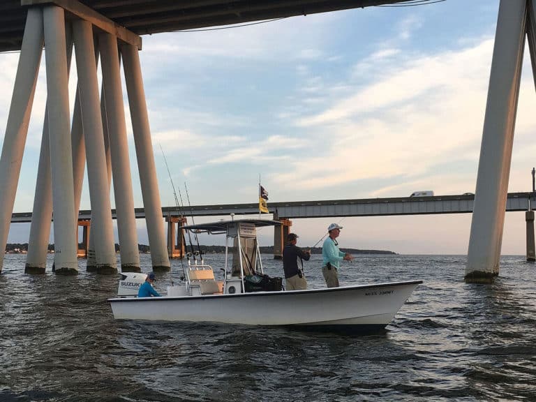 Boat fishing under the Chesapeake Bay Bridge