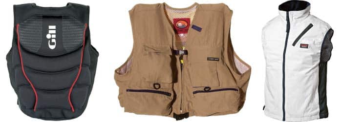 Small-boat anglers now have many lightweight flotation options. (Left to Right) Gill’s Compressor Vest, Baltic Float Tech Vest and Stormy Seas Fishing Vest. Lightweight Life-Jackets