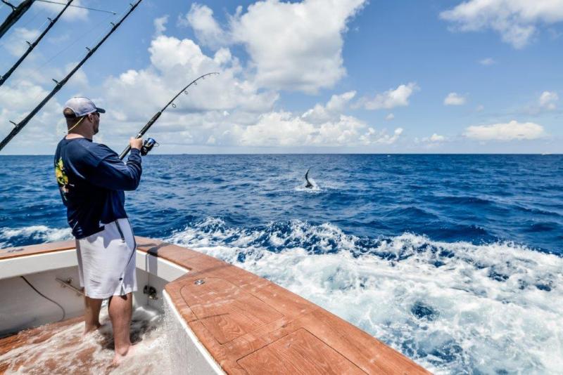 Dolphin and angler Jason Fox showing some skills hooked up to a jumping sailfish!