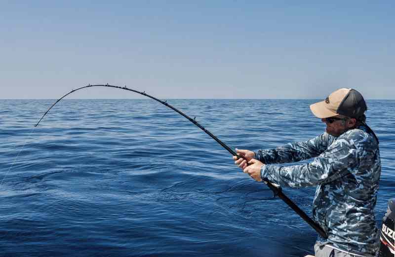 Rod bending under the pressure of fighting fish