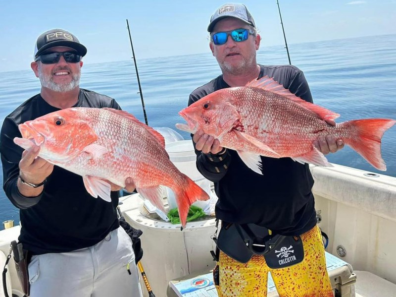 EFP-Red-Snapper1 Two men display American red snapper caught from the deck of a charter boat.