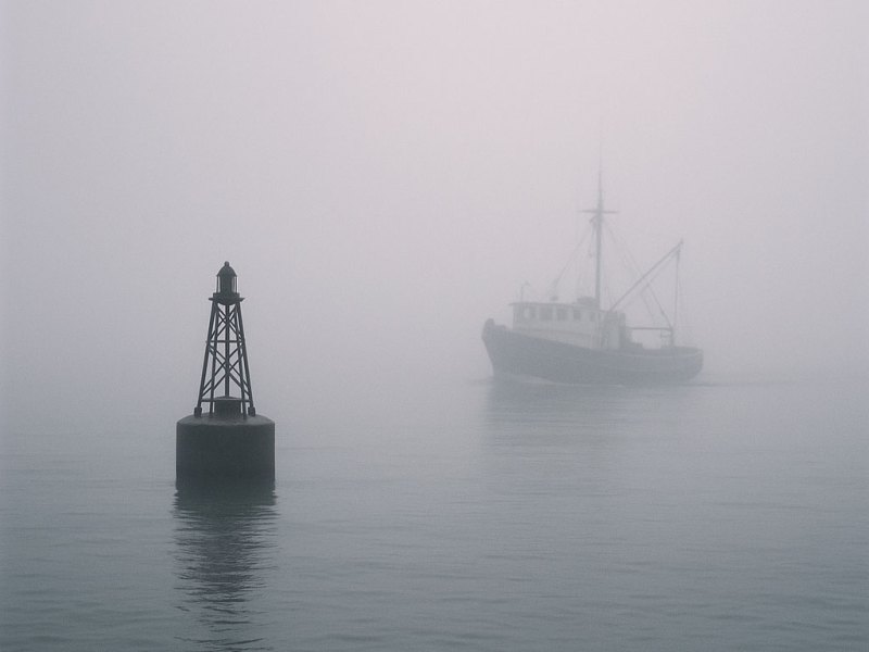 BTG425-Boatbuoyfog Boat near buoy in the fog