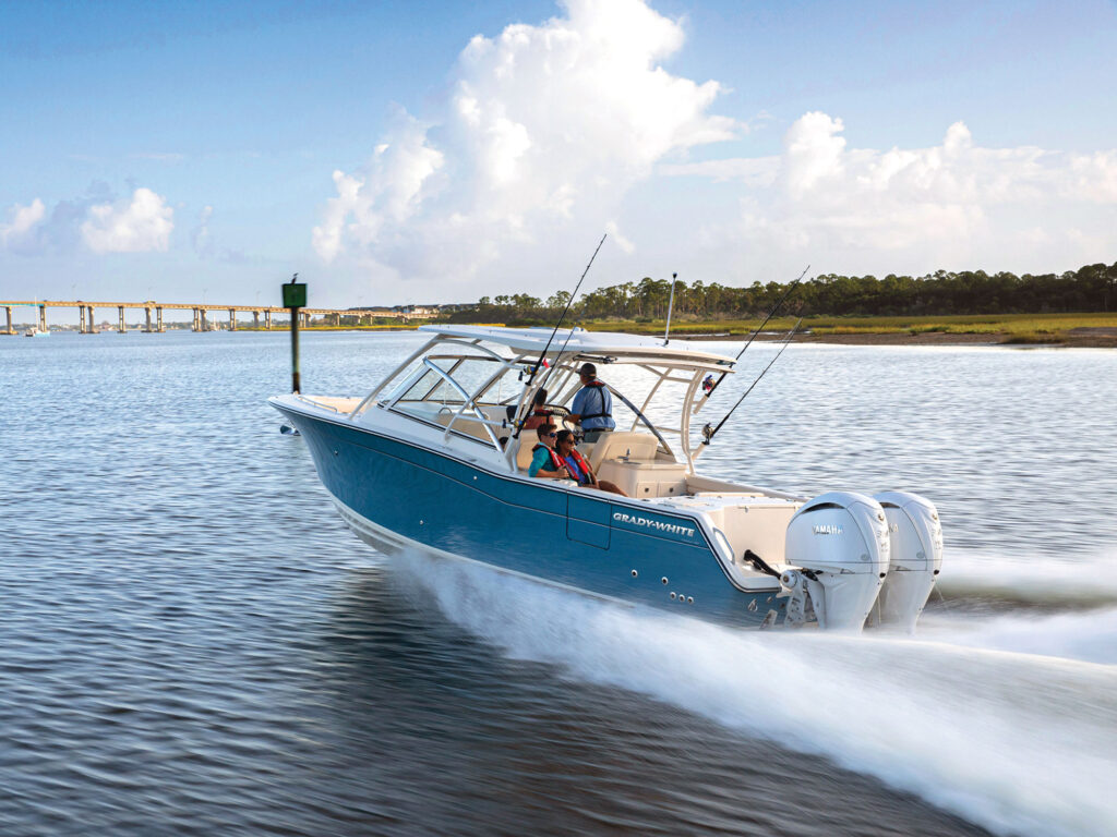 Fishing boat with twin outboards