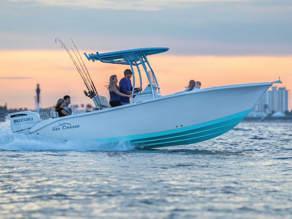 Sea Chaser 22 HFC running offshore at sunset
