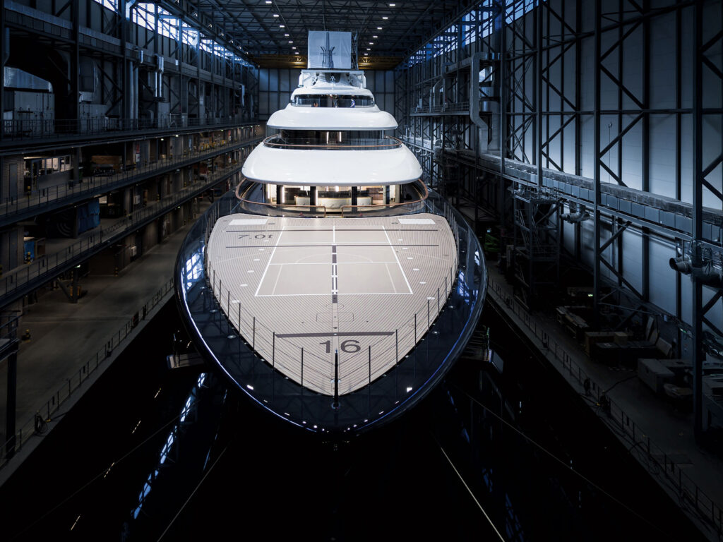 Feadship yacht in shipyard